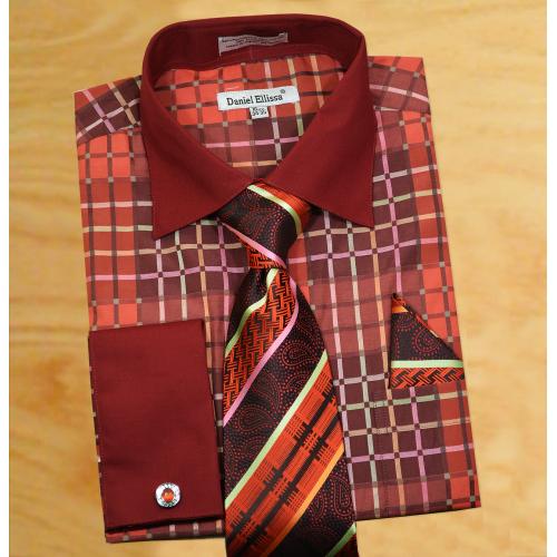 Daniel Ellissa Burgundy / Wine / Pink / Red Multi Windowpane Design Spread Collar French Cuff Shirt / Tie / Hanky Set With Free Cufflinks DS3785P2