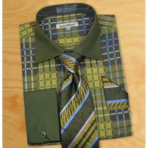 Daniel Ellissa Lime Green / Olive / Yellow Green Multi Windowpane Design Spread Collar French Cuff Shirt / Tie / Hanky Set With Free Cufflinks DS3785P2