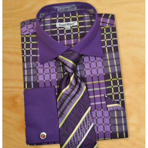 Daniel Ellissa Purple / Lime Green / Lavender Multi Windowpane Design Spread Collar French Cuff Shirt / Tie / Hanky Set With Free Cufflinks DS3785P2