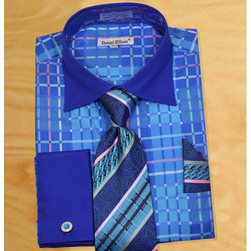 Daniel Ellissa Turquoise / Royal Blue / Teal / Pink Multi Windowpane Design Spread Collar French Cuff Shirt / Tie / Hanky Set With Free Cufflinks DS3785P2