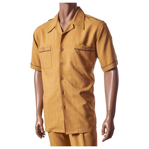 Giorgio Inserti Mustard Yellow With Tan / Brown Houndstooth Contrast Trim Button Up 2 Piece Short Sleeve Outfit 729