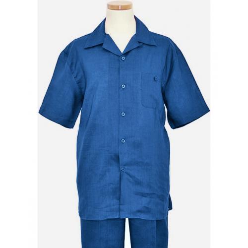 Successos Royal Blue 100% Linen 2 Piece Short Sleeve Outfit SP1065