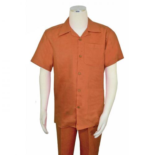 Successos Caramel Brown 100% Linen 2 Piece Short Sleeve Outfit SP1065