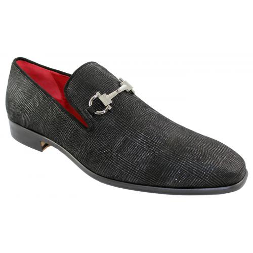 Emilio Franco "EF13" Argento Black Genuine Leather Suede Print Horsebit Loafer Shoes