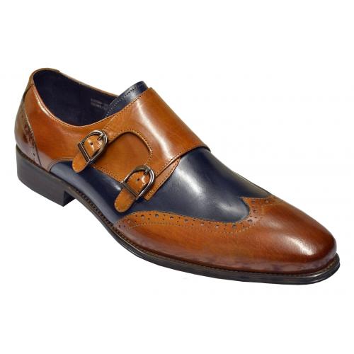 Carrucci Brown / Navy Genuine Calf With Double Monk Straps Shoes KS099-303T