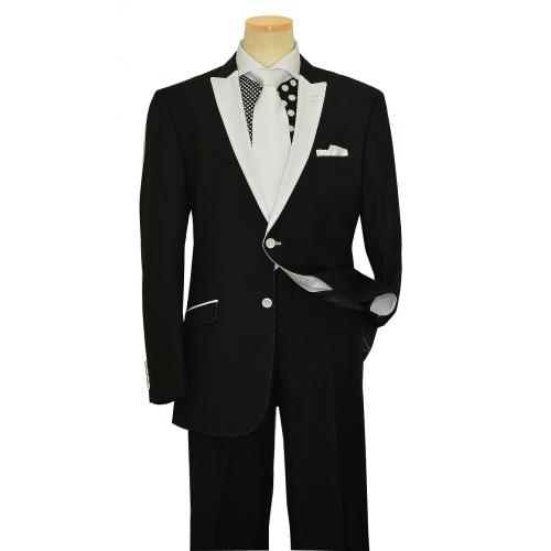 Giovanni Testi Black With White Contrast Lapels / White Hand Pick Stitching Modern Fit Vested Suit GT2DG-4030