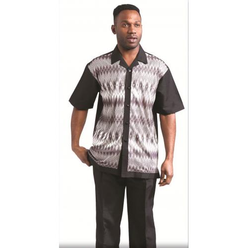 Tony Blake Black / Multi Grey Hand Woven Diamond Design Short Sleeves 2 Piece Knitted Outfit SS362