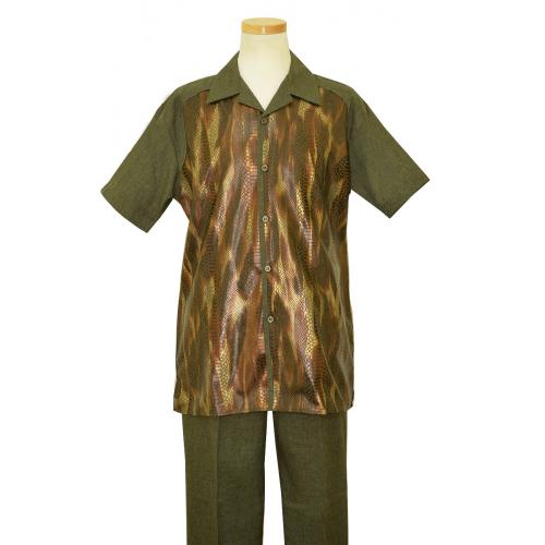 Pronti Olive Green / Metallic Gold / Brown Snake Print 2 Piece Short Sleeve Outfit SP6163
