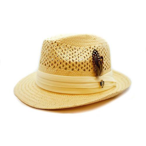 Bruno Capelo Natural Cream Dual Woven Pattern Straw Fedora Straw Dress Hat BC-513