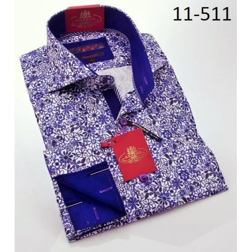 Axxess White / Purple Flowers Design Modern Fit Cotton Dress Shirt 11-511