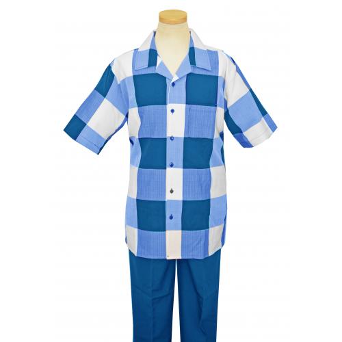 Bagazio Royal Blue / White Modern Checker Design Short Sleeves 2 Piece Outfit BM1523
