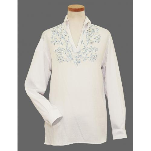 Pronti White / Sky Blue Floral Embroidered / Embossed V-Neck Collared Lightweight Long Sleeve Shirt S17251