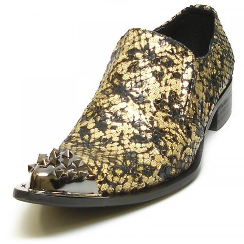 Fiesso Metallic Gold / Black Floral / Snake Print Genuine Leather Pointed Toe Loafer Shoes With Gunmetal Spiked Metal Tip FI6842