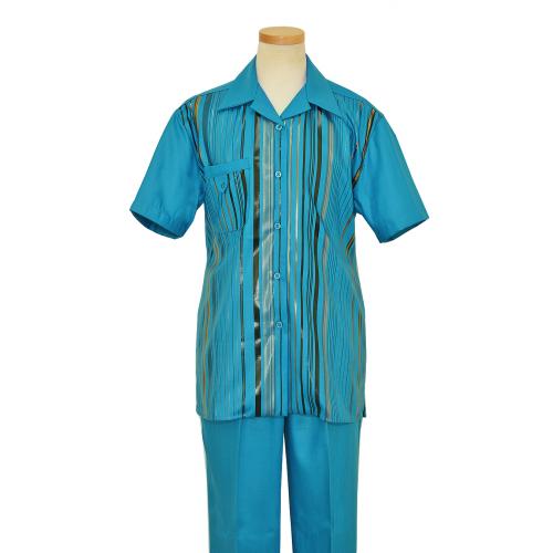 Pronti Turquoise / Metallic Bronze Stripe Design 2 Piece Short Sleeve Outfit SP5949