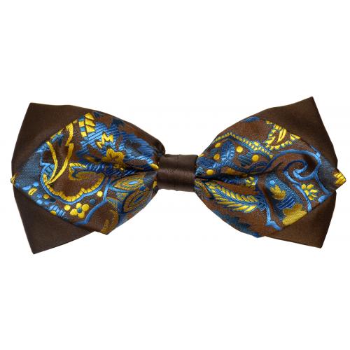 Classico Italiano Chocolate Brown / Gold / Royal Blue  Paisley Design Diamond Double Layer 100% Silk Bow Tie / Hanky Set BD301