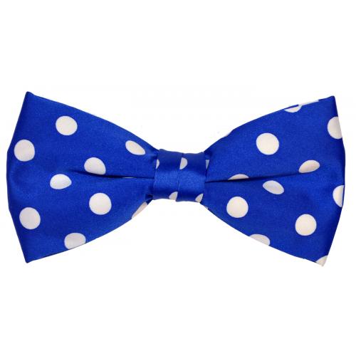 Classico Italiano Royal Blue / White Polka Dot Design 100% Silk Bow Tie / Hanky Set BH0001