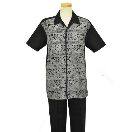 Successos Black / White Embossed Floral Design 100% Linen 2 Piece Short Sleeve Outfit SP3330