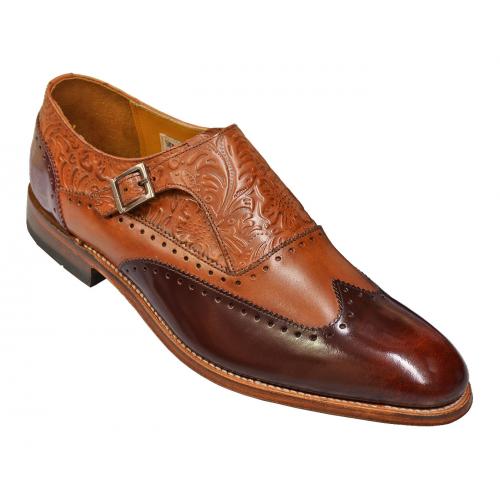 Stacy Adams "Madison II" Brown / Cognac Embossed Paisley Genuine Kidskin Leather Wingtip Loafer Dress Shoes With Monkstrap 00074