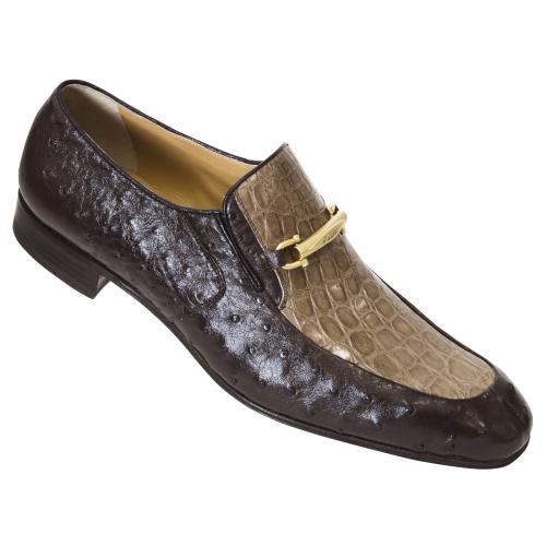 Mauri "4736" Nicotine Genuine Ostrich / Bone Genuine Flanks Crocodile Loafer Shoes With Horsebit