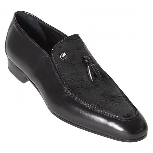 Mauri "4705" Black Genuine Crocodile Flanks / Shinny Calf Loafer Shoes With Tassels
