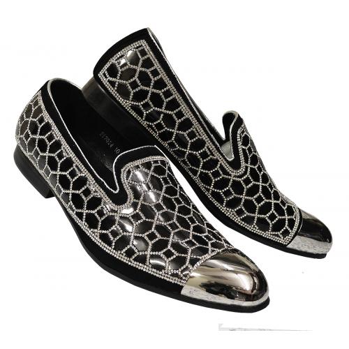 Fiesso Metallic Black Ornaments / Silver Rhinestones Genuine Leather Slip On Shoes FI7024