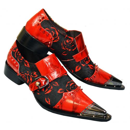 Fiesso Red / Black Wrinkled Genuine Leather / Pony Hair Slip On Shoes With Spikes / Metal Toe FI6988