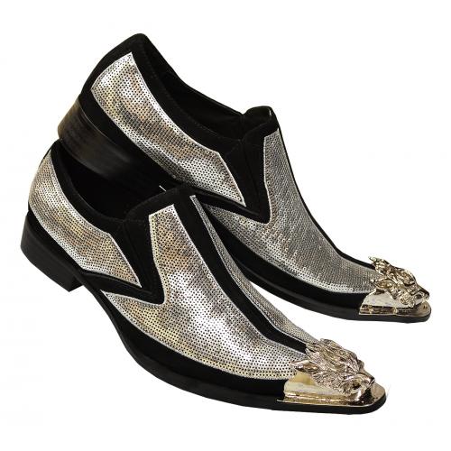 Fiesso Black Genuine Suede Leather / Silver Sequins Slip On Shoes With Metal Toe FI6983
