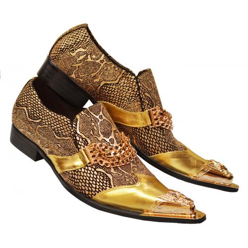 Fiesso Metallic Gold Lurex / Black Genuine Leather Slip On Shoes With Quadruple Bracelets / Metal Toe FI6946-2