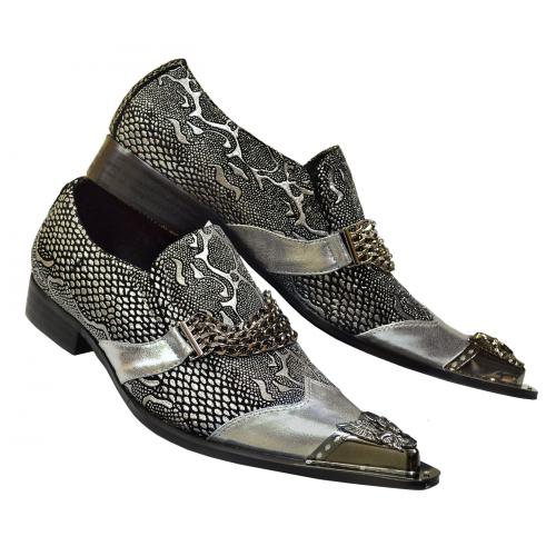 Fiesso Metallic Silver Lurex / Black Genuine Leather Slip On Shoes With Quadruple Bracelets / Metal Toe FI6946-2