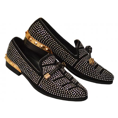 Fiesso Black Genuine Suede Leather Slip On Shoes With Rhinstones / Gold Spiked Heels And Tassels FI6958