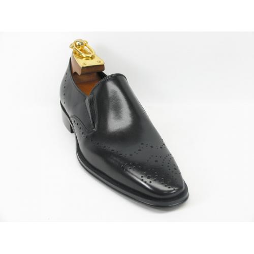 Carrucci Black Genuine Calf Leather Perforated Loafer Shoes KS261-02.