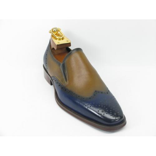 Carrucci Blue / Tan Genuine Calf Leather Perforated Loafer Shoes KS261-02.