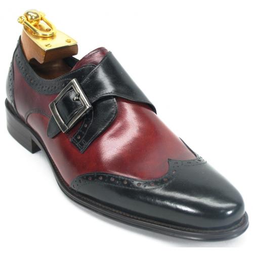 Carrucci Black / Burgundy Genuine Calf Leather Wingtip Monk Straps Loafer Shoes KS099-710.
