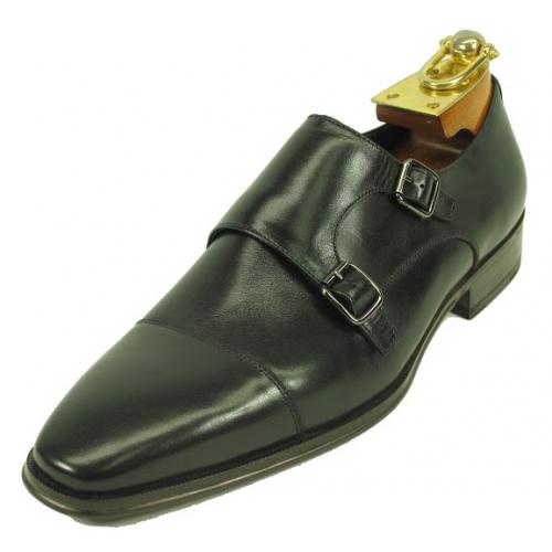 Carrucci Black Genuine Calf Skin Leather With Two Monk Strap Shoes KS261-03.