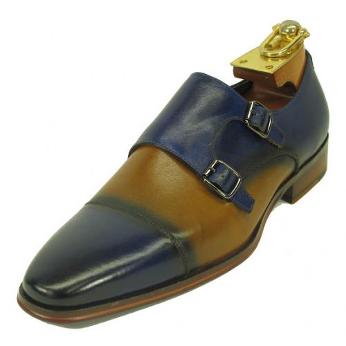 Carrucci Blue / Tan Genuine Calf Skin Leather With Two Monk Strap Shoes KS261-03.