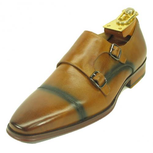 Carrucci Cognac Genuine Calf Skin Leather With Two Monk Strap Shoes KS261-03.