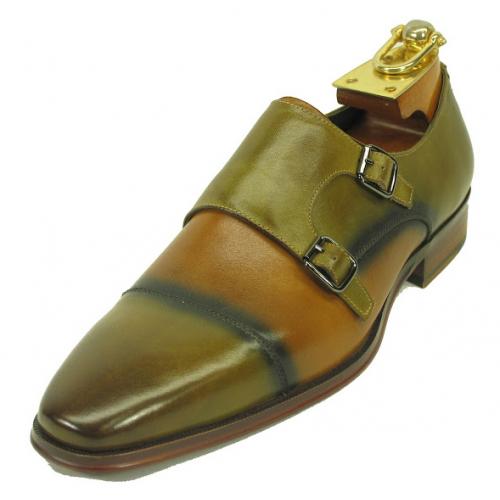 Carrucci Lawn / Tan Genuine Calf Skin Leather With Two Monk Strap Shoes KS261-03.