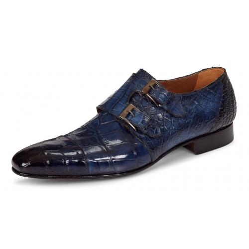Mauri "Alfieri" 1152/2 Wonder Blue All-Over Genuine Body Alligator Hand-Painted Loafer Shoes With Double Monk Strap