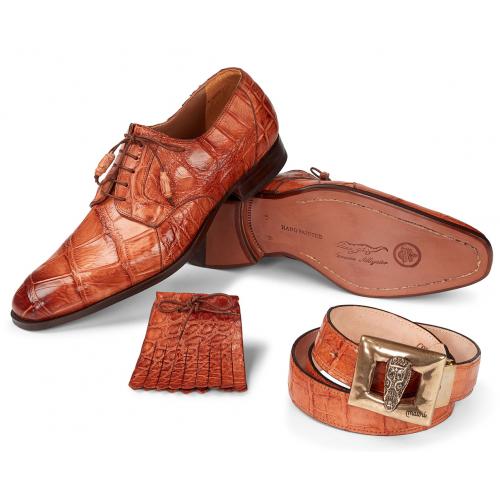 Mauri "Durini" 1059 Cognac All-Over Genuine Body Alligator Hand-Painted Lace-up Shoes With Kyltie And Matching Belt.