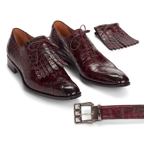 Mauri "Bligny" 1078 Burgundy All-Over Genuine Body Alligator Hand-Painted Lace-up Shoes With Kiltie