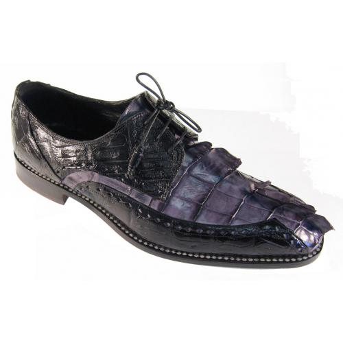 Mauri "Borsieri" 4717 Medium Grey Genuine Hornback Crocodile Hand-Painted / Black Baby Crocodile Lace-up Shoes
