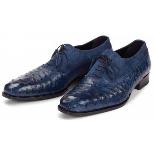 Mauri "Dante" 4762 Wonder Blue Genuine Ostrich Hand-Painted / Suede Lace-up Shoes.