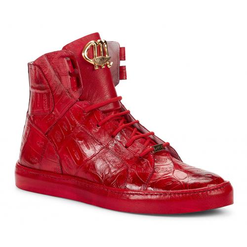 Mauri "Golden Boy" 6129 Red Genuine Baby Crocodile Hand-Painted Leather Wrap Sole Boots.