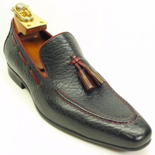 Carrucci Black / Red Genuine Leather Loafer Shoes With Contrast Tassel KS1377-05.