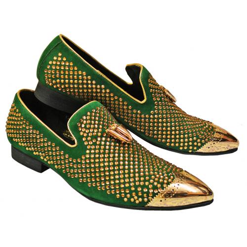 Fiesso Green Genuine Suede Leather Slip On Shoes With Gold Metal Wingtip / Rhinstones / Tassels FI6968