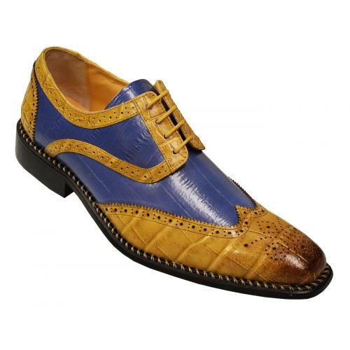 Liberty Hand Painted Mustard Yellow / Blue Genuine Leather Alligator Print Wingtip Shoes 827