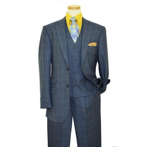 Luciano Carreli Slate Blue / Mustard Windowpanes Super 150's Wool Wide Leg Vested Suit 6296-9715
