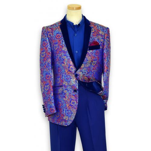 Giorgio Balanero Royal Blue / Red / Yellow Embroidered Floral Design Blazer With Blue Velvet Lapels 115
