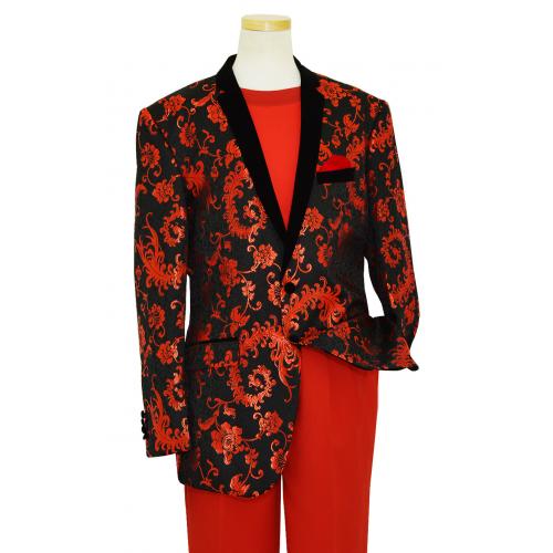 Giorgio Balanero Black / Red Embroidered Floral Design Blazer With Black Velvet Lapels 116