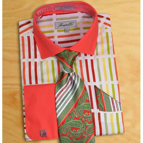 Fratello Coral / White / Multicolor Shirt / Tie / Hanky Set With Free Cufflinks FRV4133P2